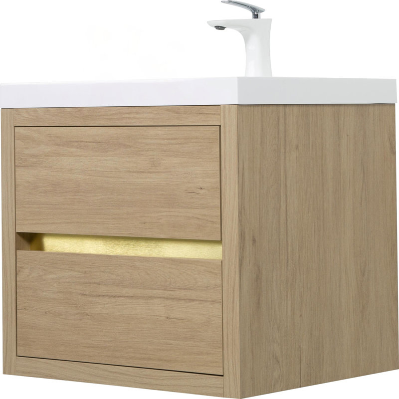 Meuble-lavabo mural de 24 po avec lavabo, armoire de rangement flottante, comptoir en résine de pierre et tiroirs à fermeture en douceur, finition chêne naturel