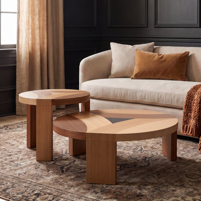 Mosa 39" Modern Round Wood-Mosaic Coffee Table, Center Table for Living Room