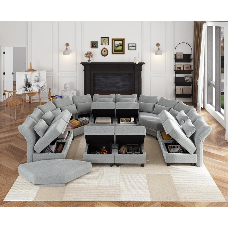 Ahren Upholstered Curved Sectional, Light Gray Chenille