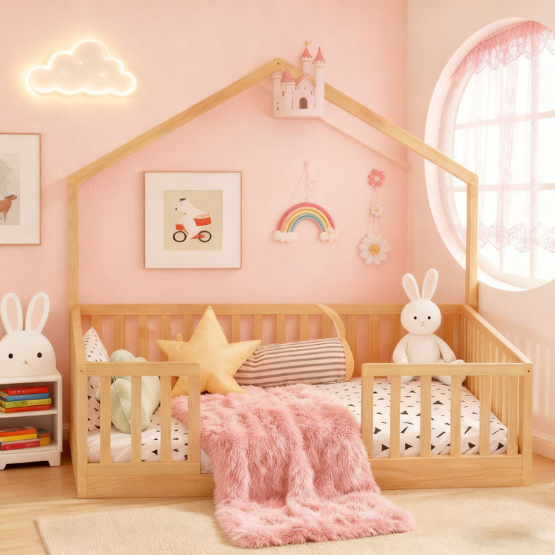 Floor Bed with High Rails, Wooden Montessori Bed with Light, Natural, Full