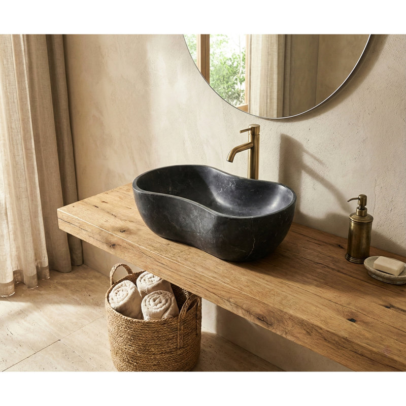 Lavabo vasque en marbre gris foncé, conception à vagues organiques 23,6 po, monobloc massif, finition mate pour salle de bain