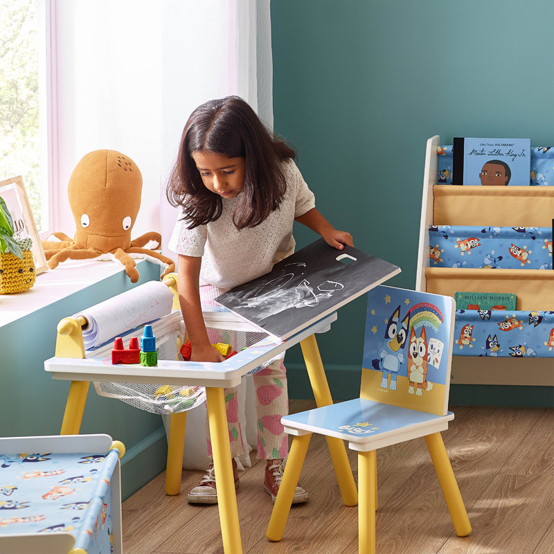 Bluey Kids Table and Chair Set - Wooden Activity Table for Toddlers with Lift-Up Tabletop, Chalkboard, Paper Roll, and Nylon Storage Space - Ideal Study & Play Desk for Children