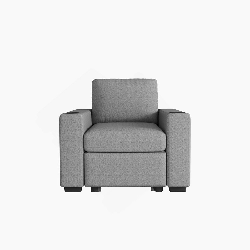 Canapé-lit convertible moderne avec ports USB, porte-gobelets et revêtement en chenille pour espaces de vie compacts., Gris