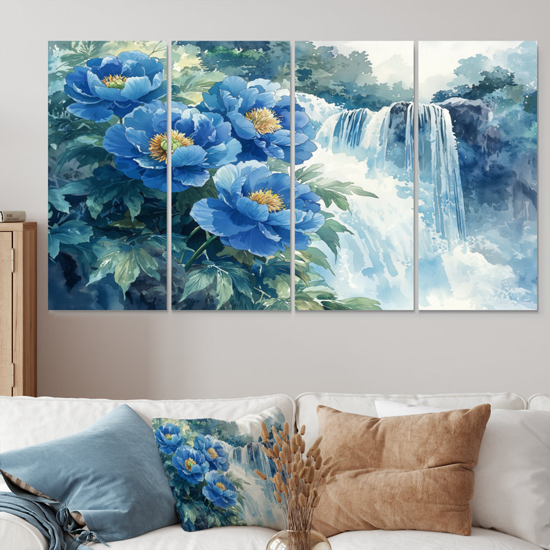 Pivoines par la cascade I - décoration murale par pivoines - art mural traditionnel, H 28 po x l 48 po, 4