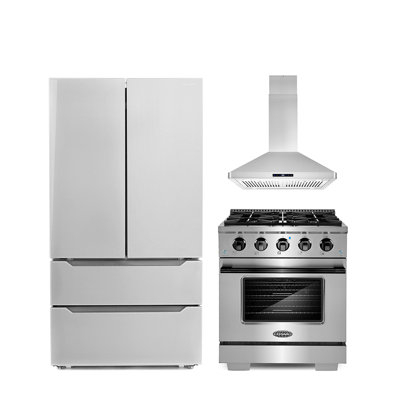 3 Piece Kitchen Package With 30"" Freestanding Gas Range With Custom Handle And Knob Kit 30"" Island Range Hood 36"" French Door Refrigerator -  Cosmo, COS-4PKG-1004