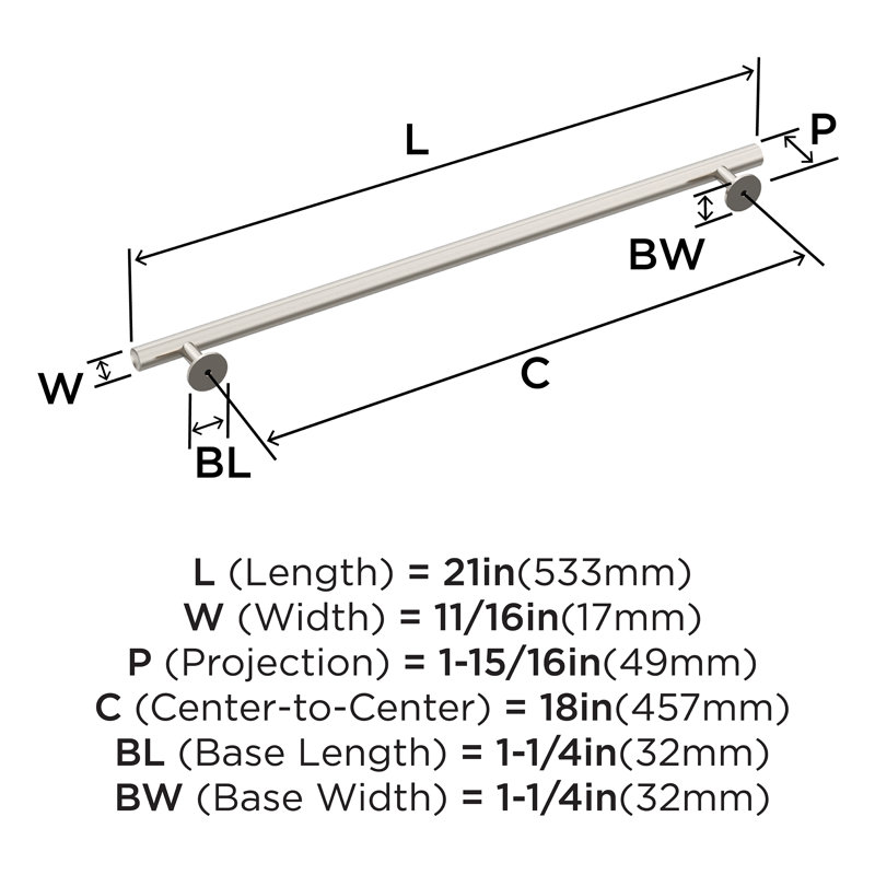Poignée pour appareil Radius, Nickel satiné, 18"