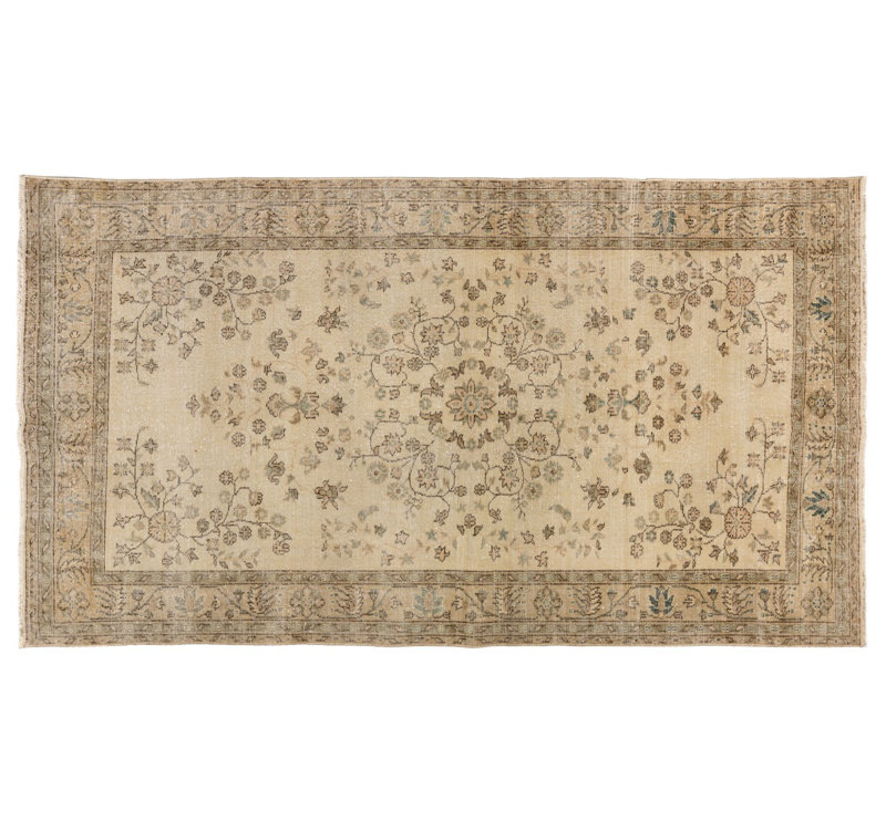 Tapis turc rétro fait à la main avec motif floral Oushak