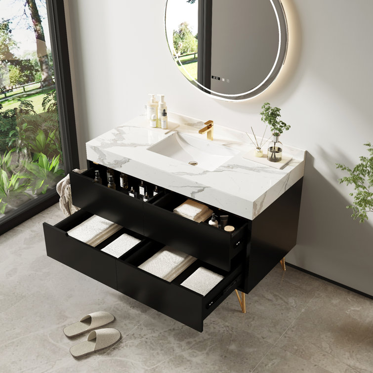 Black With Marble Top Metal Bathroom Free Standing Shelf & Storage