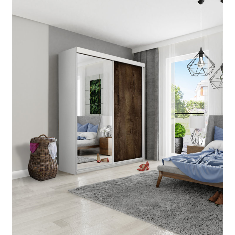 Modern 2 Door Sliding Wardrobe, White/Walnut