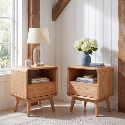 Table de chevet compacte en bois massif avec tiroir et tablette ouverte 20,5 po H MCM - ensemble de 2