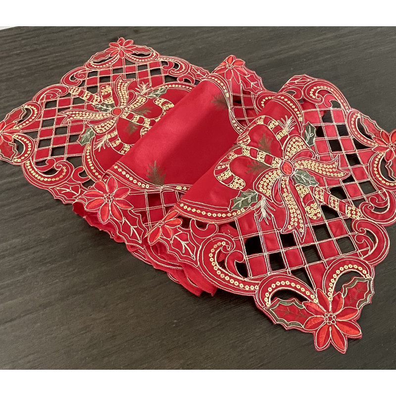 Chemin de table rouge brodé à paillettes, 54 po x 16 po, Rouge