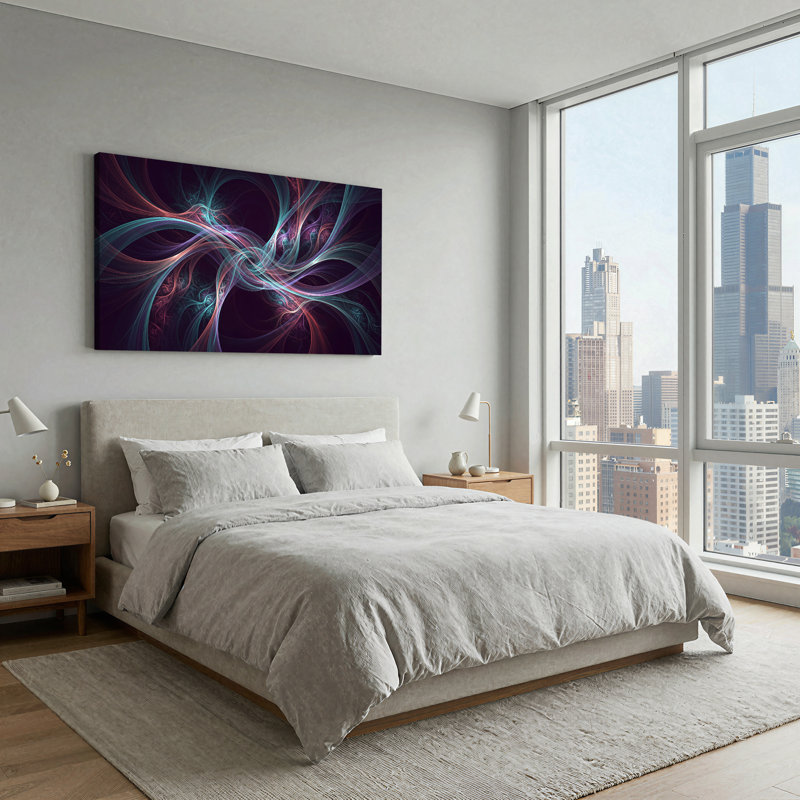Art abstrait sur toile abstraite, rubans fractaux, sarcelle, mauve et orange, L 32 po x H 16 po