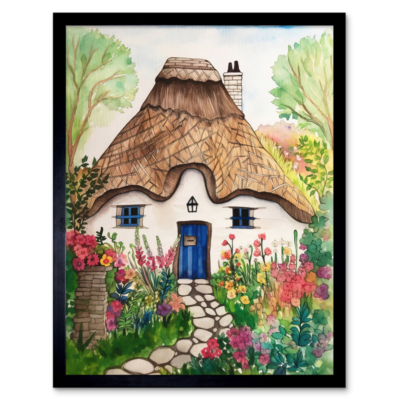The Cottage In The Forrest Flowers Folk Art Artwork Framed Wall Art Print 9X7 Inch