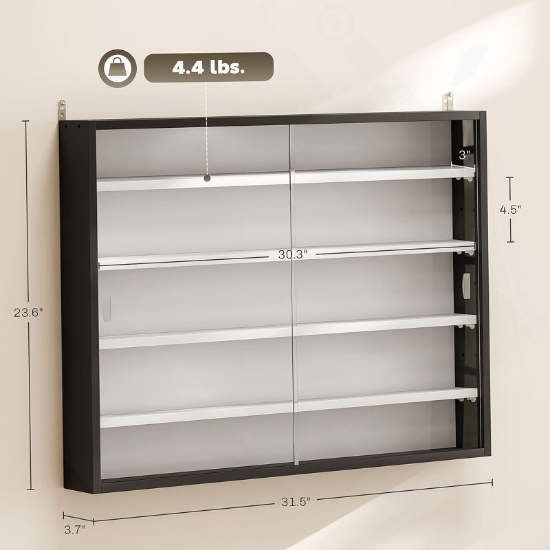 Vitrine murale noire avec grande capacité, porte transparente pour une superbe vitrine de collection, Noir / blanc