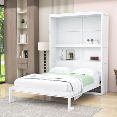 Full Size Wooden Dual-Function Murphy Bed with Built-In Storage Shelves