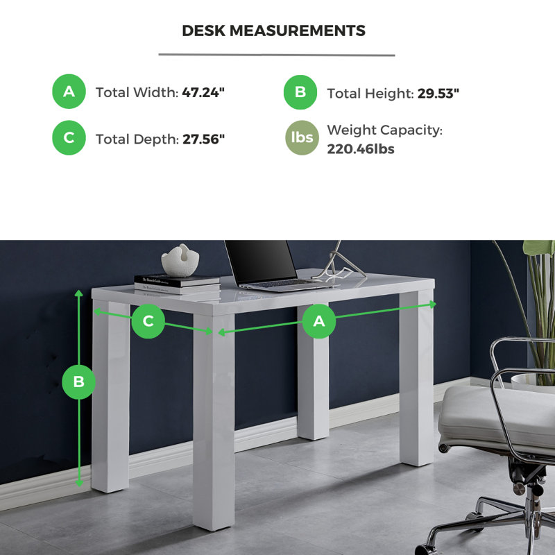 Eubanks High Gloss Home Office Desk, White, 29.53" H x 47.24" W x 27.56" D