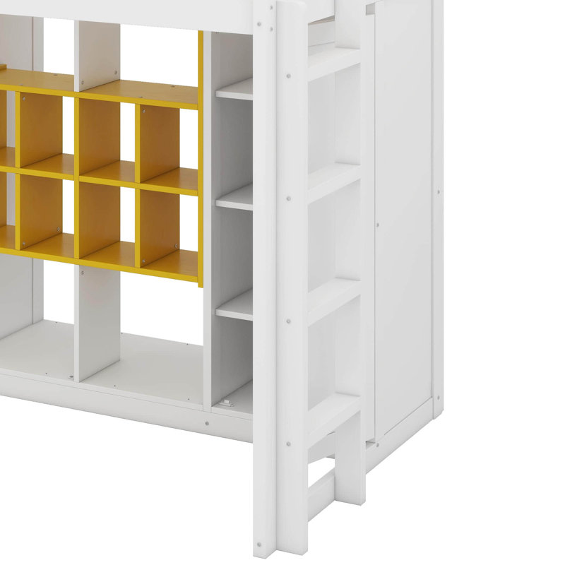 Twin Size  Loft Bed With Shelves,Cabinet And Wardrobe, White/Yellow