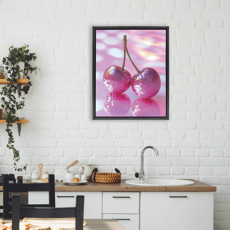 Cadre flottant pastel cerises boules disco, design par Creative Studio, Cadre flottant noir de jais, H 21 po x l 17 po