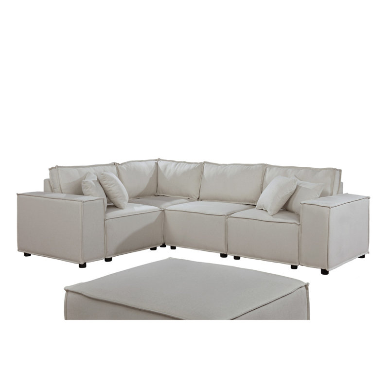 Canapé modulaire de 99 po avec repose-pieds en lin beige Melrose, Lin beige