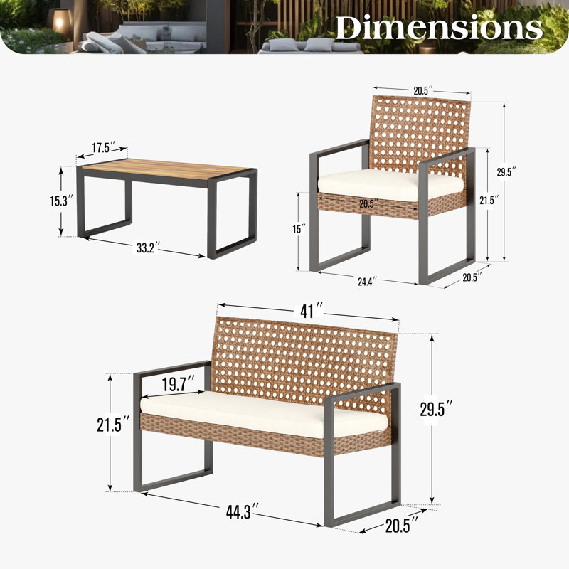 Armantine Darb Stylish 4-Person Wicker Patio Set, Brown, Ivory Performance