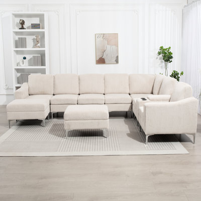 Canapé modulaire convertible beige avec revêtement en velours côtelé et porte-gobelets pour appartements modulaire 6 places, espace de chargement
