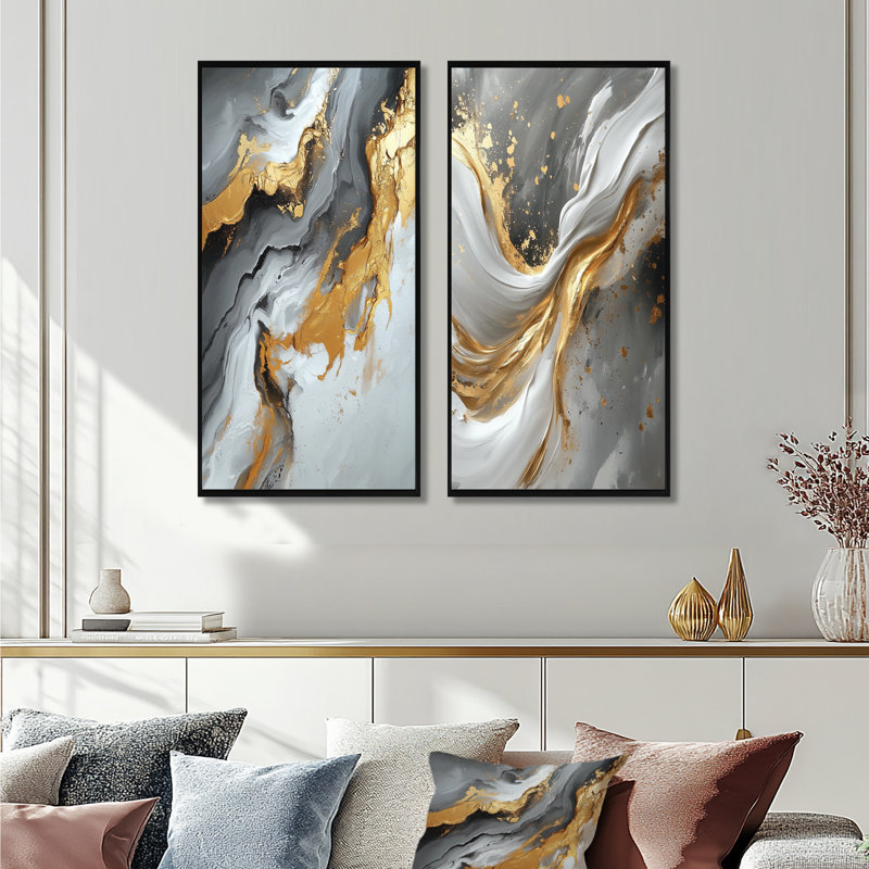Abstrait marbre dans les tons de gris et d'or I - ensemble d'art mural en marbre 2 pièces, H 32 po x l 32 po