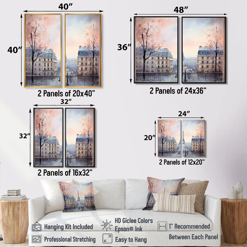 «Vintage Calm Paris City View», impressions sur toile traditionnelles, H 40 po x l 40 po, Brun