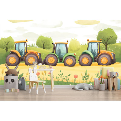 Papier peint rouge audacieux avec clôture et Rolling Hills, murale de machines agricoles pour chambre d'enfant, chambre de garçon ou salle de jeux rustique