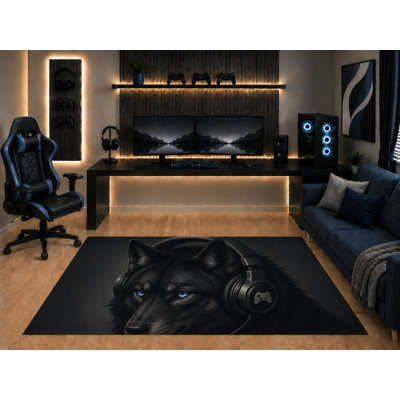 "Ultra Light Weight" 5' x 7' Black Wolf Blue Eyes Headphones Area Rug Realistic Gamer Portrait Art for Gaming Room Bedroom Living Room Non-Slip Silicone Backing Low Pile