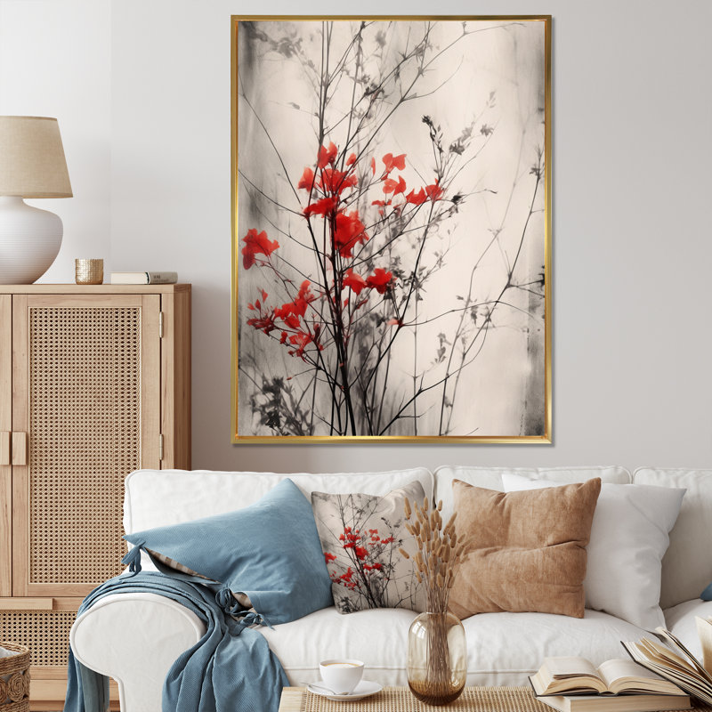 «Red Gray Herb Garden II», art mural floral, Cadre flottant doré, H 44 po x l 34 po x P 1,5 po