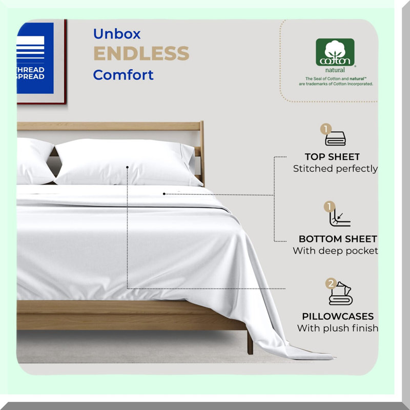 CoolCotton Queen Sheet Set - 400 Thread Count 4 Piece Soft & Breathable Sateen Weave White Bedsheet for Deep Pocket Queen Size Bed.