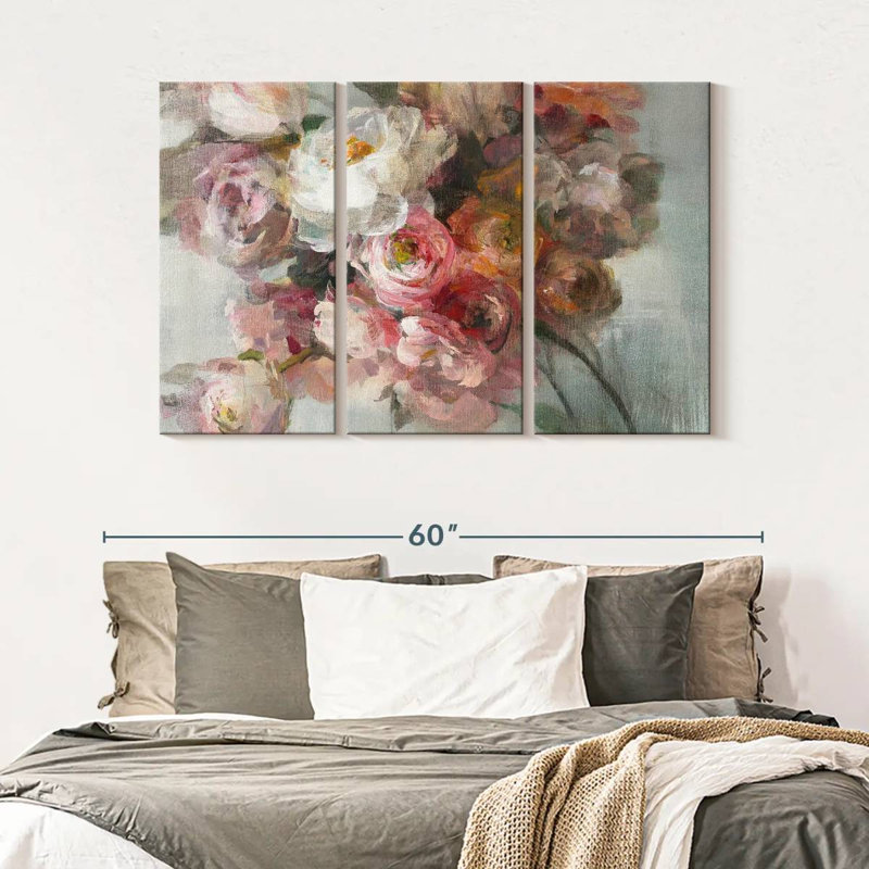 Ensemble de 3 pièces bouquet de rosé sur toile, H 32 po x l 50 po x P 1,25 po