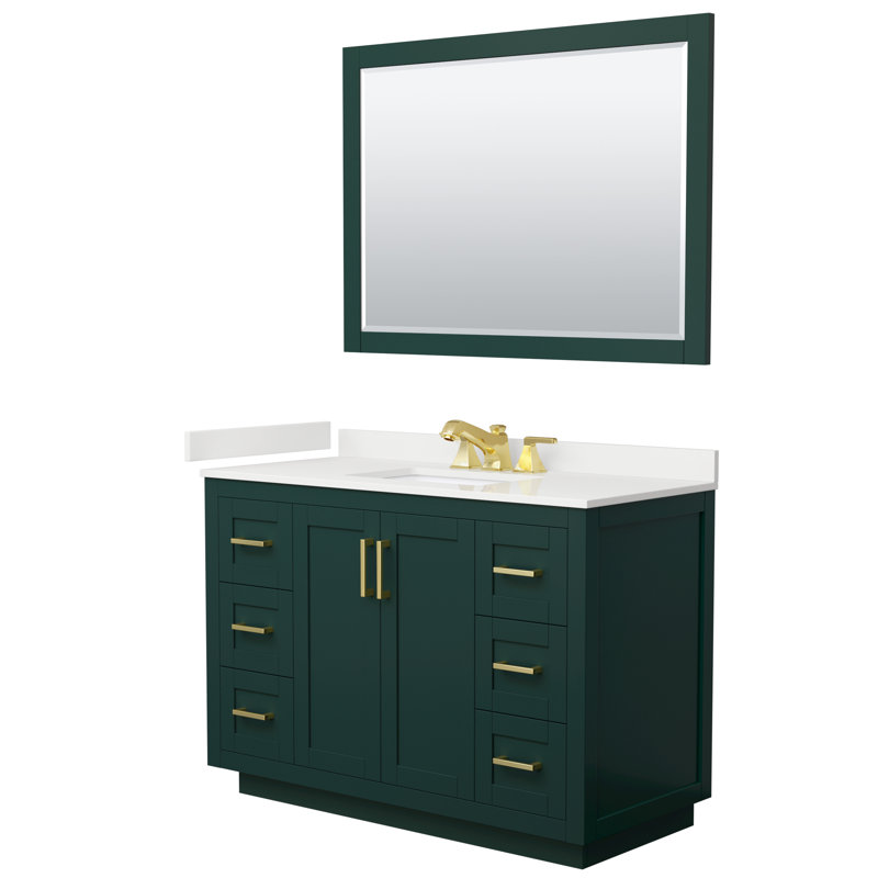 Miranda 48" Freestanding Single Bathroom Vanity with Quartz Top with 46" Mirror, White Quartz, Green, Brushed Gold