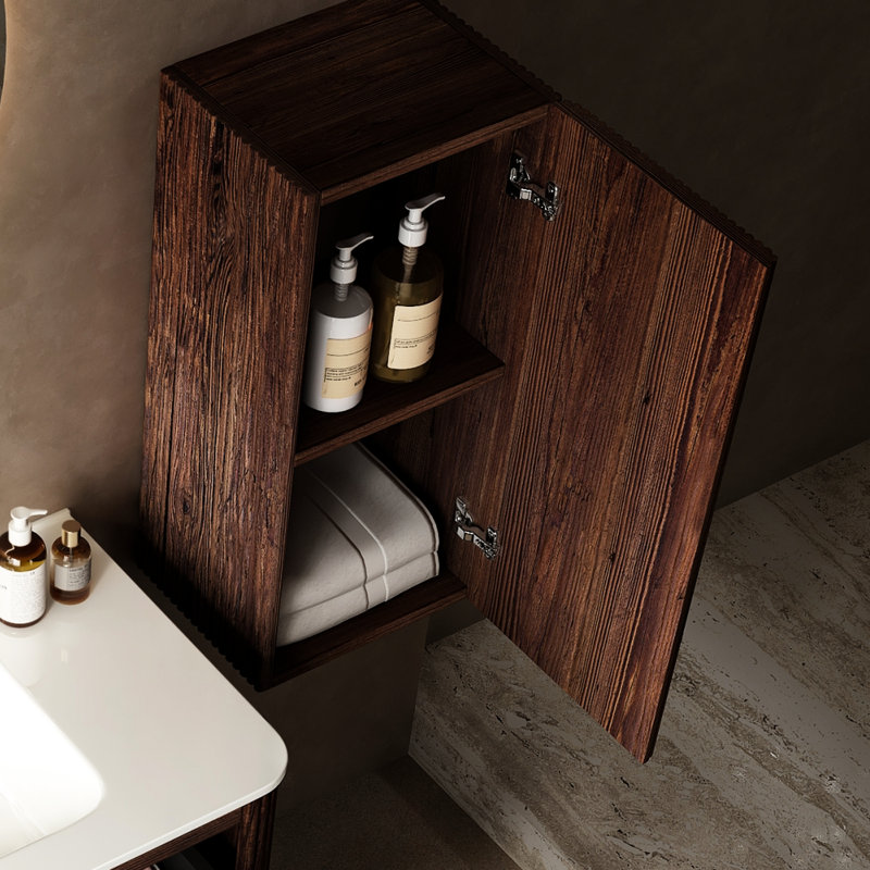 Unité de rangement pour salle de bain, 14 po, noyer rétro rayé, avec porte et tablette, armoire latérale moderne 14 po,