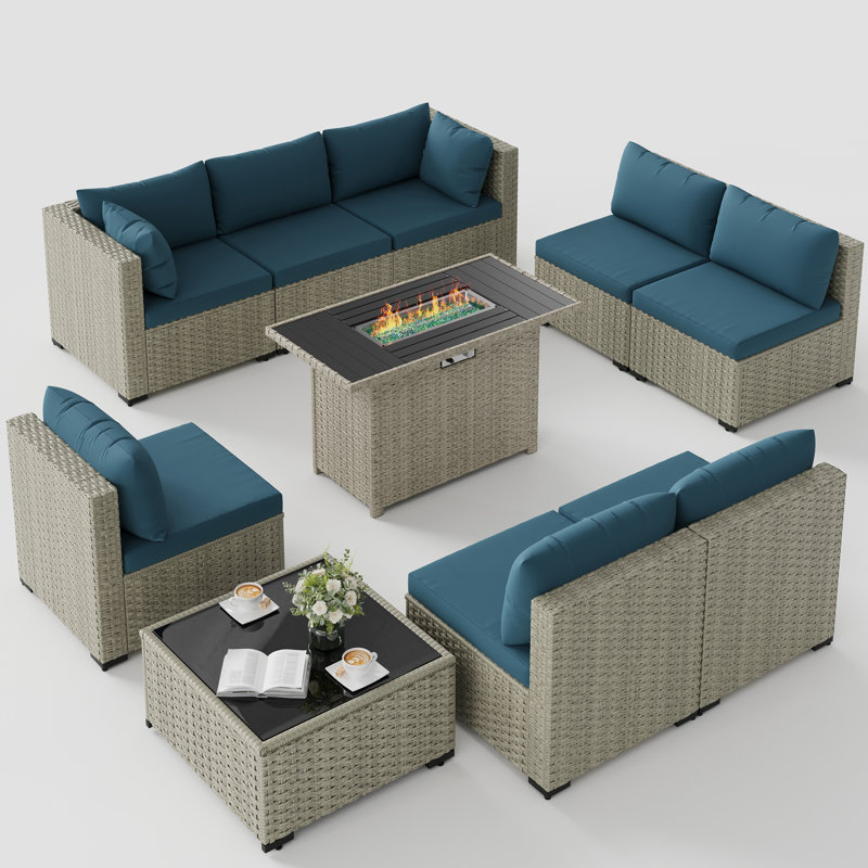 Ensemble de conversation 9 pièces pour patio en rotin avec foyer, Bleu paon
