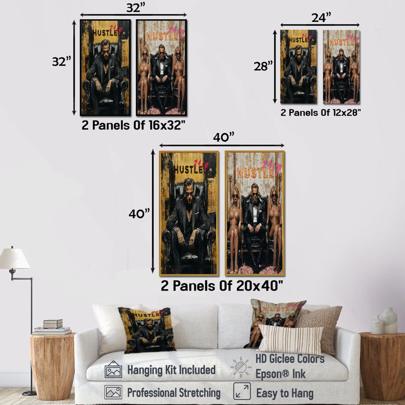 Loup Wall Street Hustle Motiviation I - ensemble d'art mural loup de Wall Street 2 pièces, H 40 po x l 40 po, Toile tendue