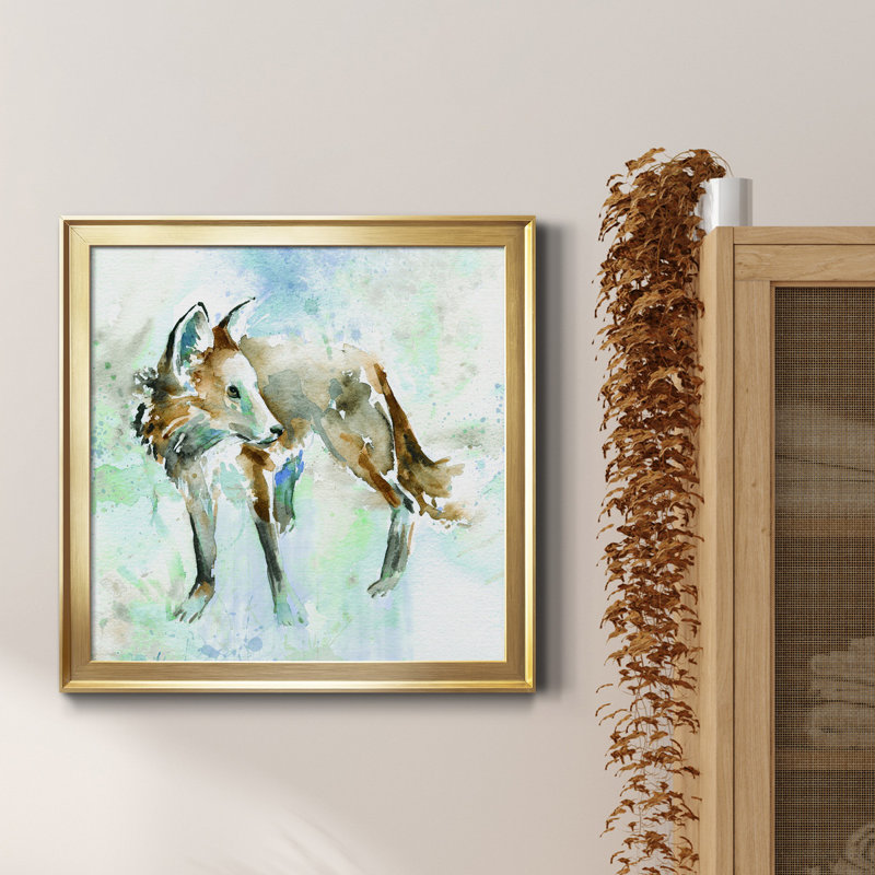 Renard sur bleu - Reproduction d'art sur toile encadrée, H 17,5 po x l 17,5 po x P 1,5 po, Encadrement doré