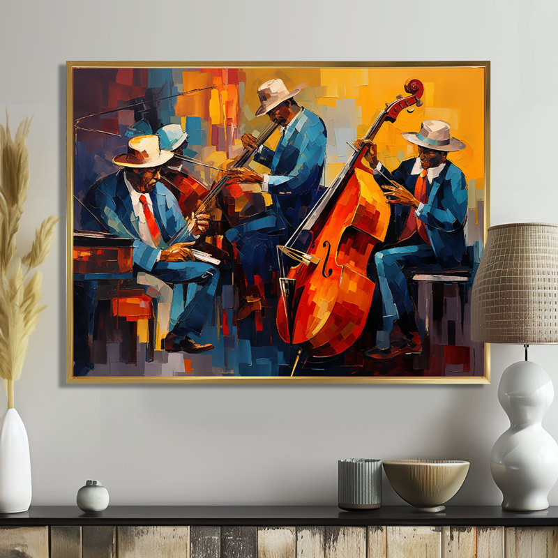 Cool Jazz Quartet - Musician Wall Art For Living Room, H 24 po x l 32 po x P 1 po, Toile avec cadre flottant or