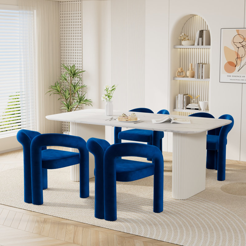 Ensemble de table de salle à manger à double piédestal en marbre blanc, Bleu, 5