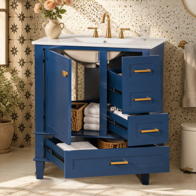 Ensemble de meuble-lavabo moderne avec lavabo 30 po, meuble-lavabo moderne avec porte à fermeture douce et 3 tiroirs, structure en bois massif