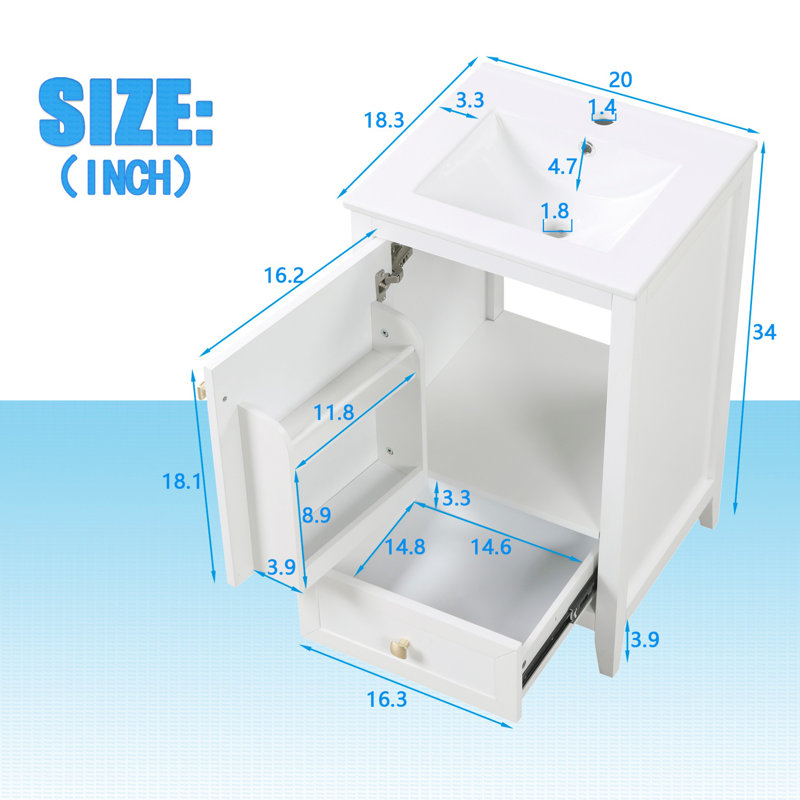 Meuble-lavabo de 20 po avec lavabo, armoire de salle de bain avec porte et tiroir, finition peinte