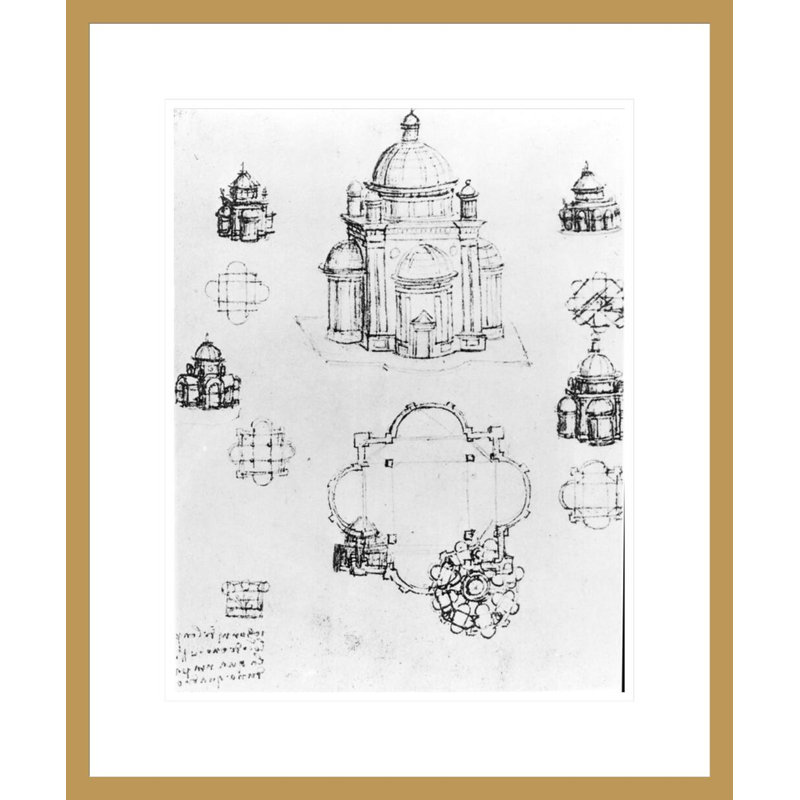 Études pour un bâtiment d'un plan central détaillé de fol. 3v from Codex Ashburnham I and II (anciennement partie du Manuscrit B (2184)) par Leonardo Da Vinci, impression giclée encadrée