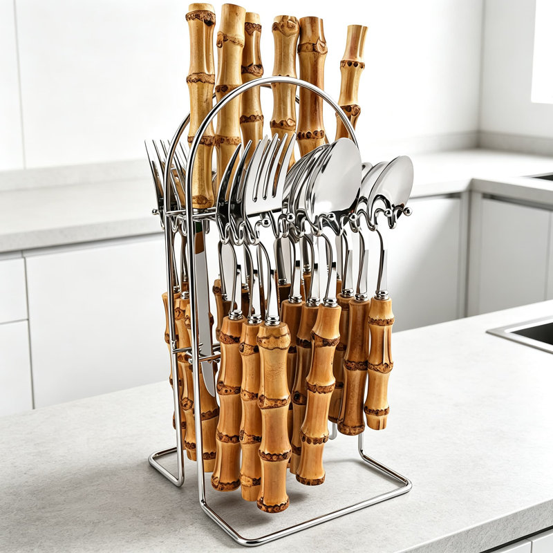 Ensemble de couverts en bambou avec des couverts et un support en acier inoxydable, des ustensiles de cuisine pour une utilisation quotidienne à la maison et au restaurant, un ensemble de couverts en argent poli miroir avec un support de service