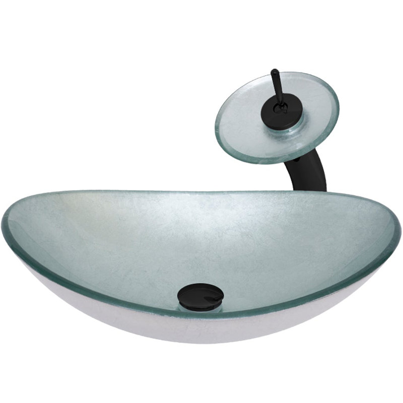 Novatto 13.5'' Glass Oval Bathroom Sink with Faucet, Silver, Matte Black
