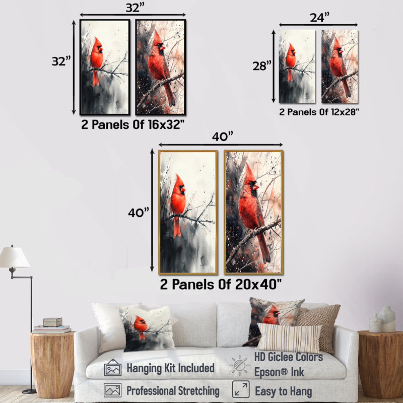 Art mural oiseau cramoisi cardinal I - animaux, 2 pièces, H 32 po x l 33 po, Cadre flottant doré