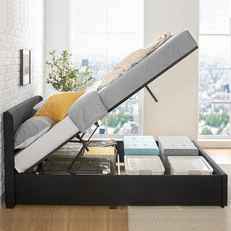 Estella Upholstered Bed Frame with Headboard, Ottoman Under-bed Storage, Black, Double (4'6)