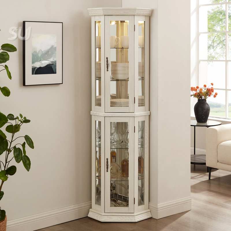 Vitrine de coin lumineuse - étagère en verre avec portes en verre trempé, tablettes réglables et ampoule à perles incluse - idéale pour la décoration intérieure