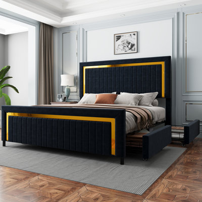  Deovion Queen Black LED Upholstered 4-Drawer Platform Bed