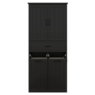 Tall Bathroom Storage Cabinet With 2 Laundry Hamper, Wood Bathroom Laundry Cabinet With Doors And Drawer, Adjustable Shelves