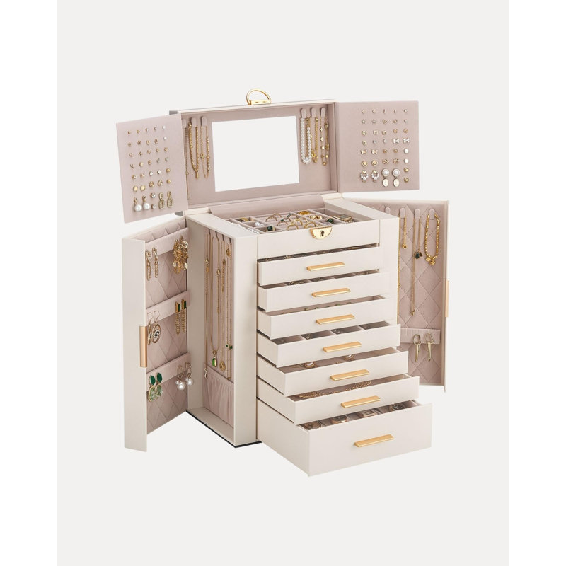 Grande boîte à bijoux, organisateur de bijoux à 8 niveaux avec 7 tiroirs - Beige, 8-Layer (11.4" W × 6.9" D × 14.1" H), Beige